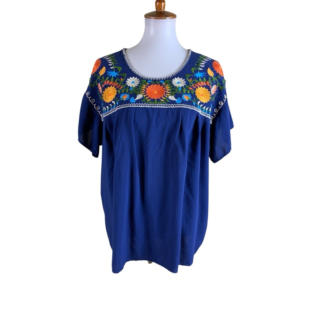 Layerz Clothing Navy Embroidered Floral Peasant Blouse Boho Mexican Top 3XL